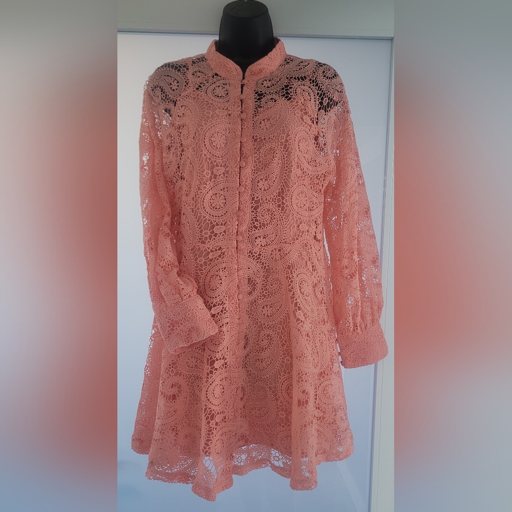 DRESS Peach Crochet Lace Button-Front Tunic SIZE L - Picture 9 of 17